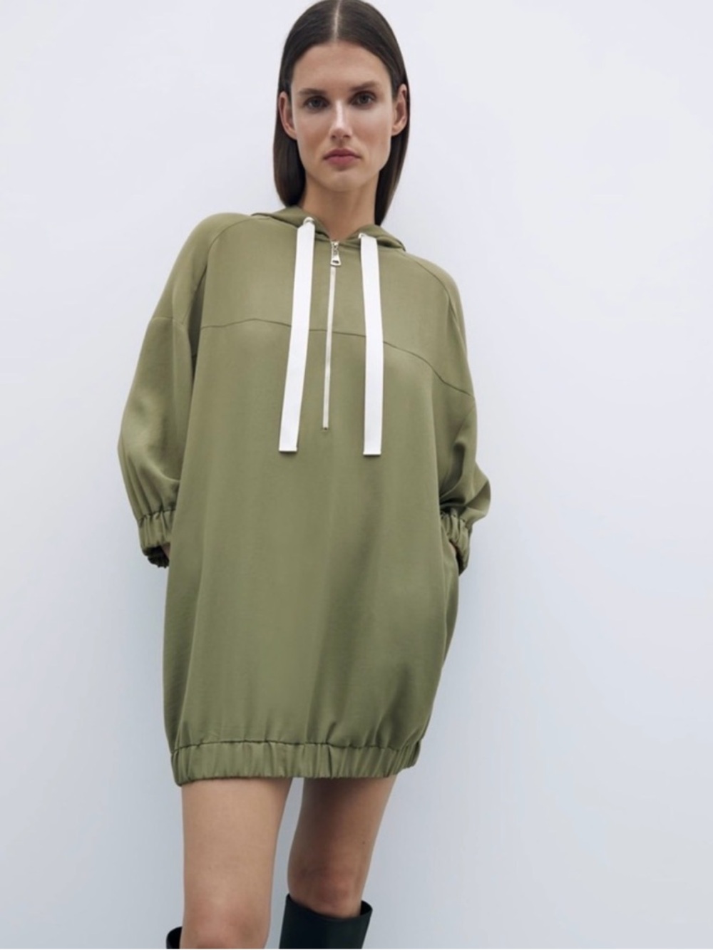 ZARA Tunic Dress Women’s Small Khaki Green Hooded Oversized Half Zip Drawstring